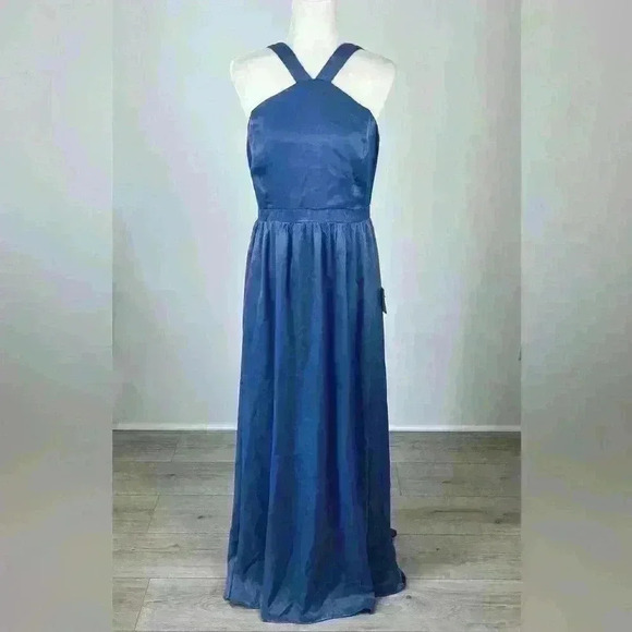 Lulus Air of Romance Vintage Blue Satin Maxi Evening Dress Women's Size Large - Picture 1 of 10